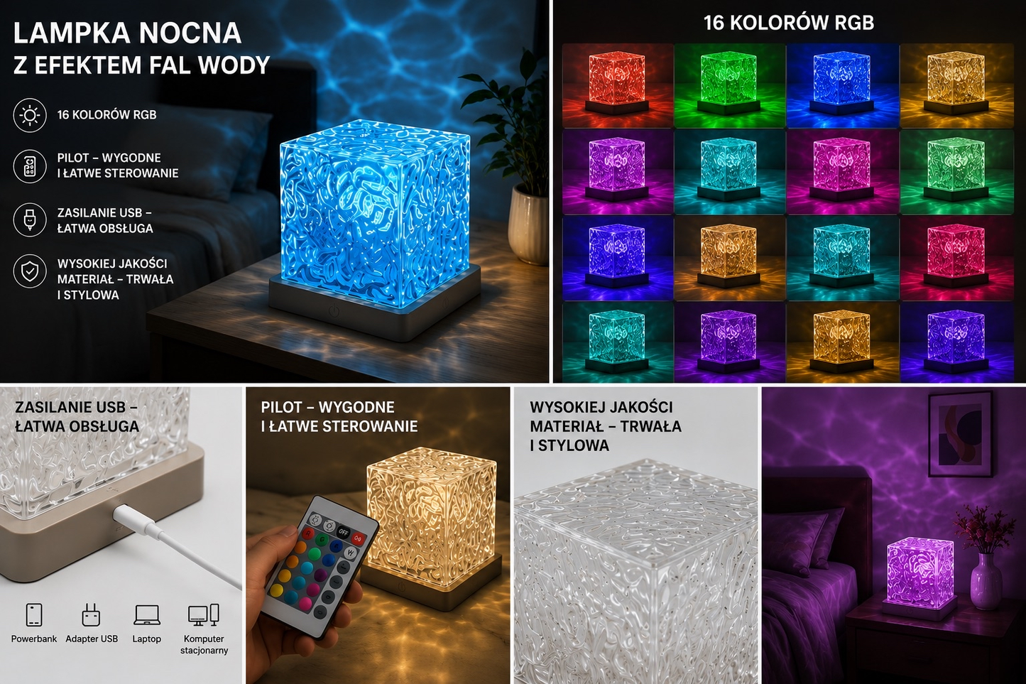 AquaGlow™ – Projektor Fal Wodnych LED 16 Kolorów z Pilotem